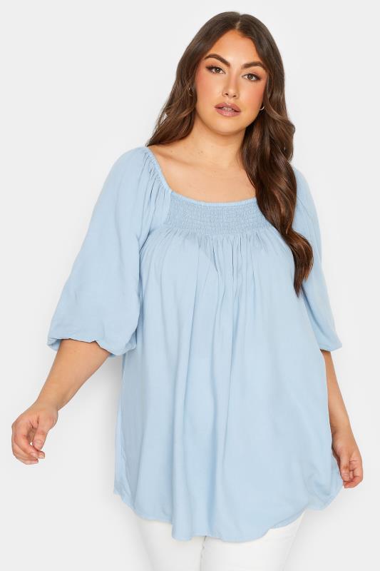 YOURS Plus Size Blue Shirred Neck Gypsy Top | Yours Clothing 1