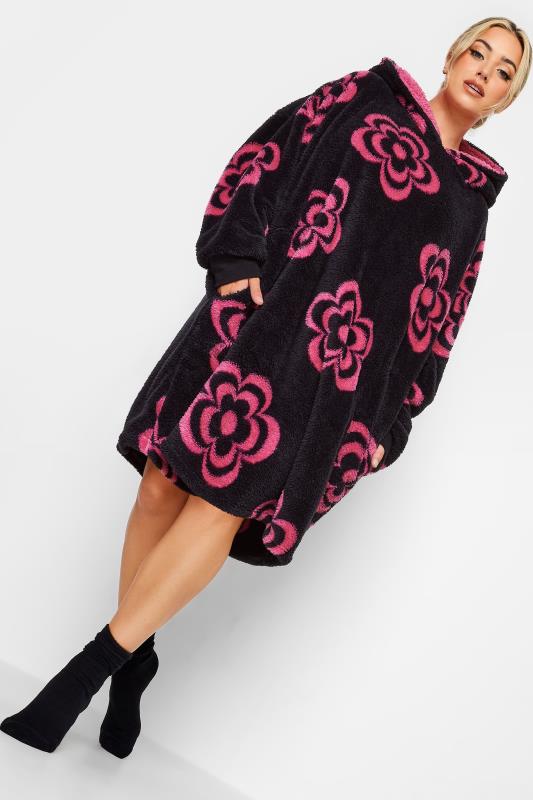 Plus Size  YOURS Curve Black & Pink Floral Snuggle Hoodie