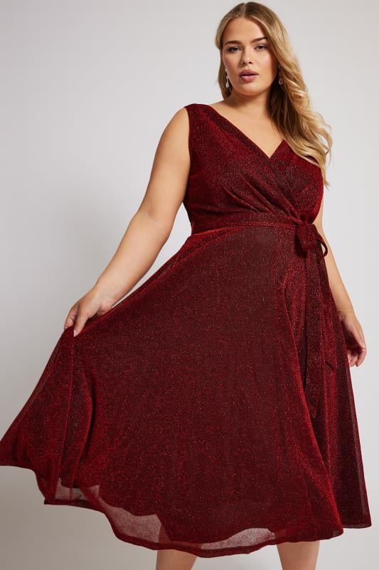 YOURS LONDON Plus Size Red Metallic Wrap Skater Dress | Yours Clothing 2