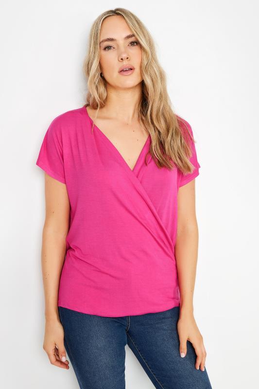 LTS Tall Women's Pink Short Sleeve Wrap Top | Long Tall Sally 1