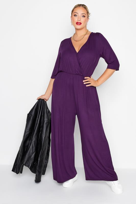 Plus Size  LIMITED COLLECTION Curve Dark Purple Stretch Wrap Culotte Jumpsuit
