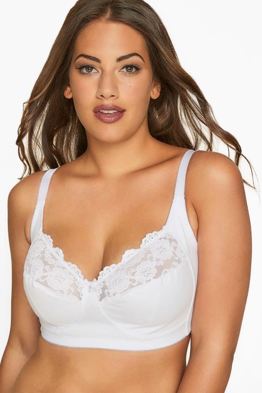  Grande Taille White Non-Wired Cotton Bra With Lace Trim - Best Seller