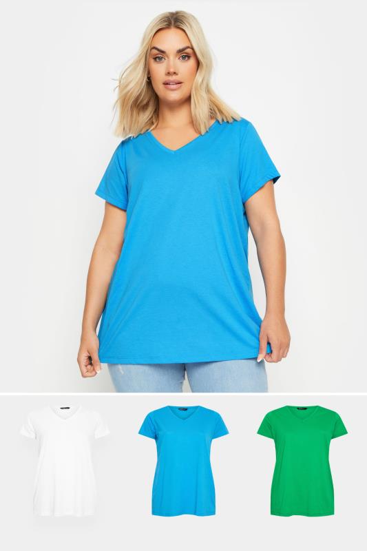 YOURS 3 PACK Plus Size Blue & Green T-Shirts | Yours Clothing 1