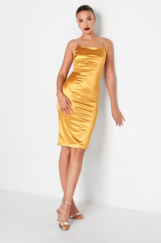 LTS Tall Women's Gold Diamante Strap Satin Midi Slip Dress | Long Tall Sally  1