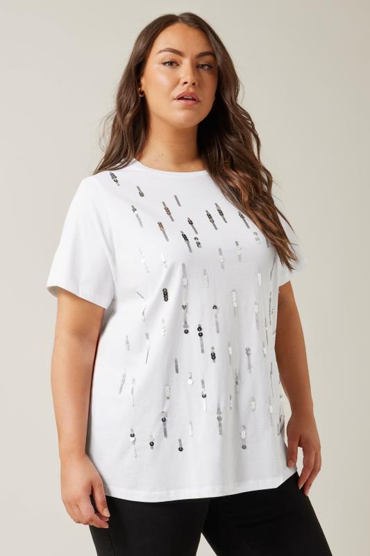 EVANS Plus Size White Sequin Embellished T-Shirt | Evans  4