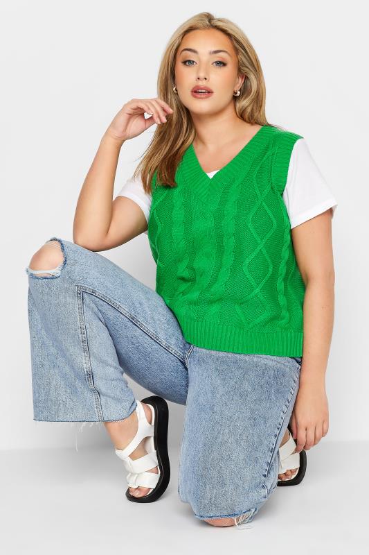Curve Bright Green Cable Knit Sweater Vest Top 1