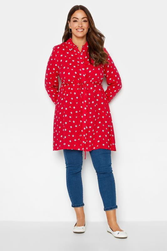 M&Co Red Floral Print Tie Waist Tunic Shirt | M&Co 2