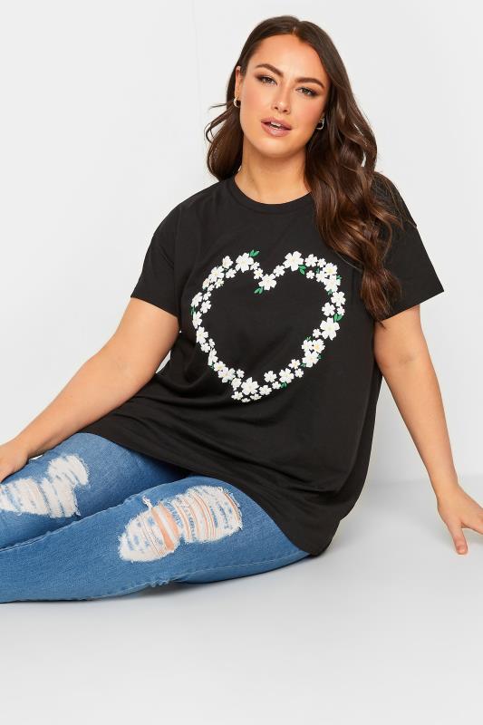 YOURS Plus Size Curve Black Daisy Heart Print T-Shirt | Yours Clothing  4