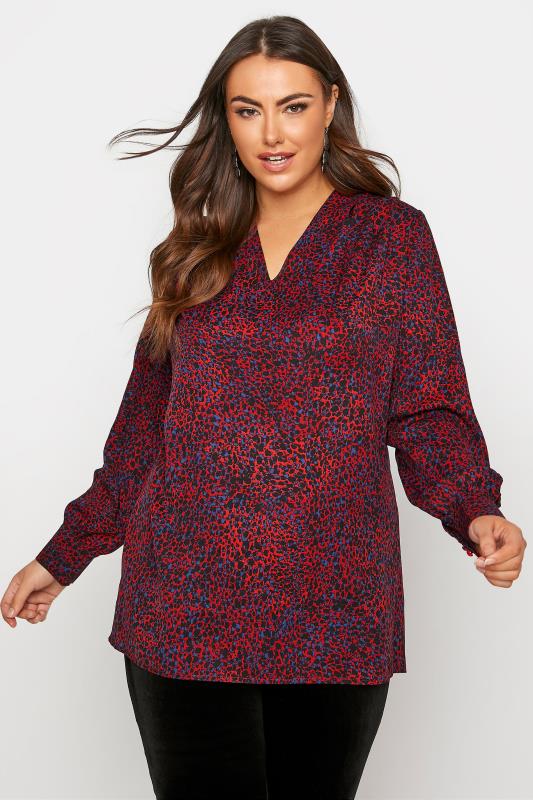 YOURS LONDON Red Leopard Print Pleated Detail Blouse_A.jpg