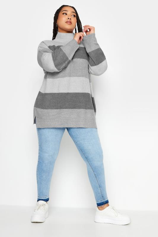 YOURS Plus Size Grey Stripe High Neck Knitted Jumper | Yours Clothing 4