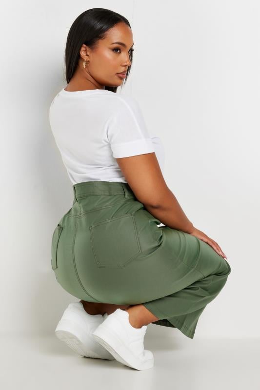 YOURS Plus Size Khaki Green Coated Split Hem Midaxi Skirt | Yours Clothing 5