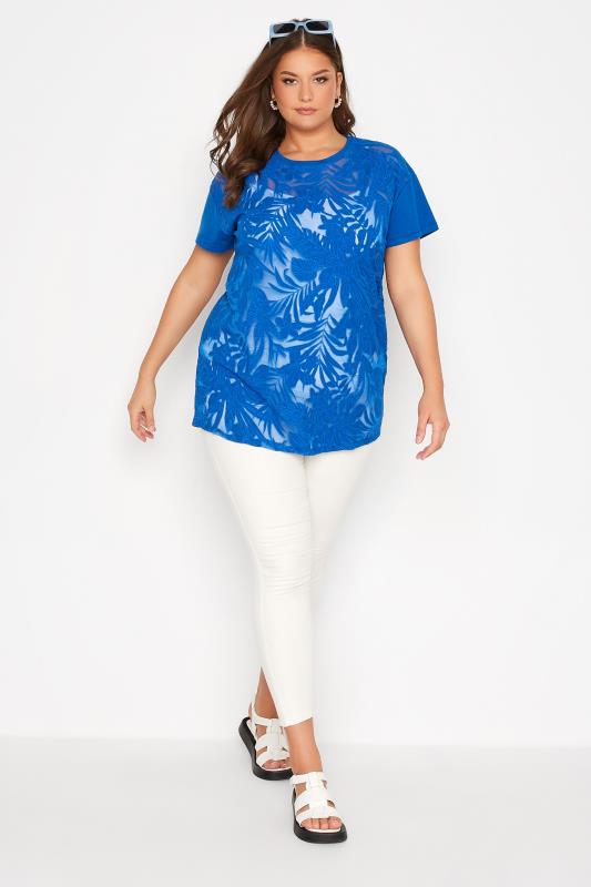 Plus Size Blue Tropical Print Mesh T-Shirt | Yours Clothing 2