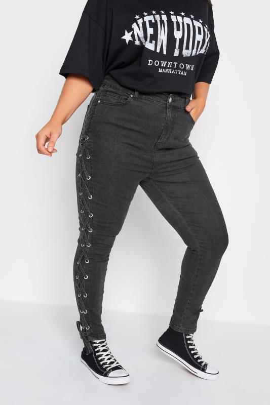 YOURS Plus Size Black Lace Up Detail Skinny AVA Jeans | Yours Clothing 5