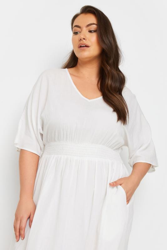 YOURS Plus Size White Linen Shirred Midaxi Dress | Yours Clothing 4