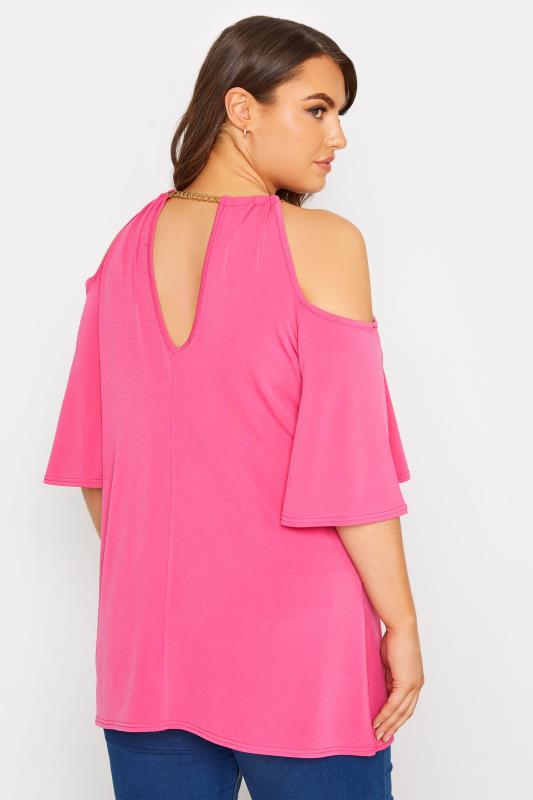 YOURS LONDON Plus Size Hot Pink Chain Neckline Cold Shoulder Top | Yours Clothing 3