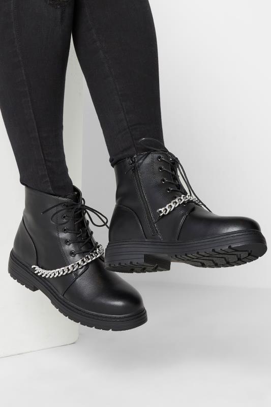Plus Size  Black Chain Lace Up Boots In Wide E Fit & Extra Wide EEE Fit