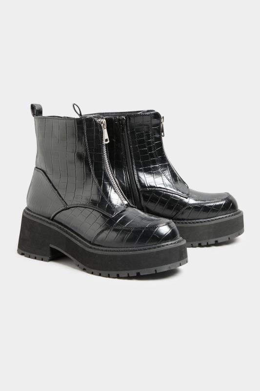 Black Croc Leather Look Zip Chunky Boots In Wide E Fit 4