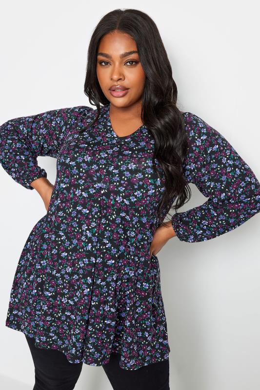 Plus Size  YOURS Curve Purple Floral Print Long Sleeve Swing Top