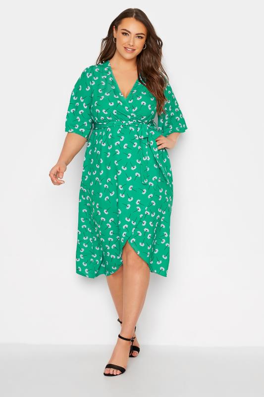 Plus Size  YOURS LONDON Curve Bright Green Floral Print Midi Wrap Dress