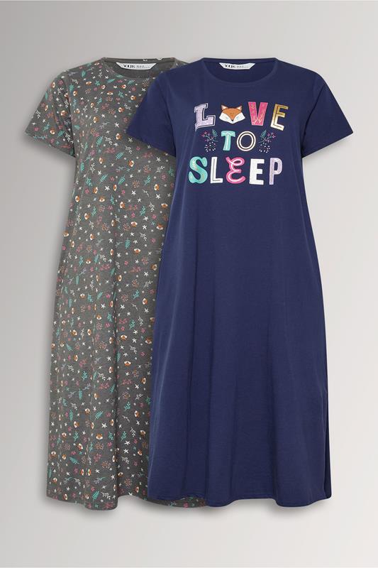  YOURSET Curve 2 PACK Navy Blue 'Love To Sleep' Midaxi Nightdresses