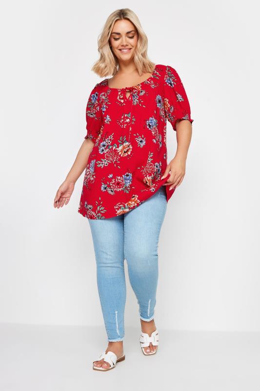 YOURS Plus Size Red Floral Print Tie Neck Top | Yours Clothing 2