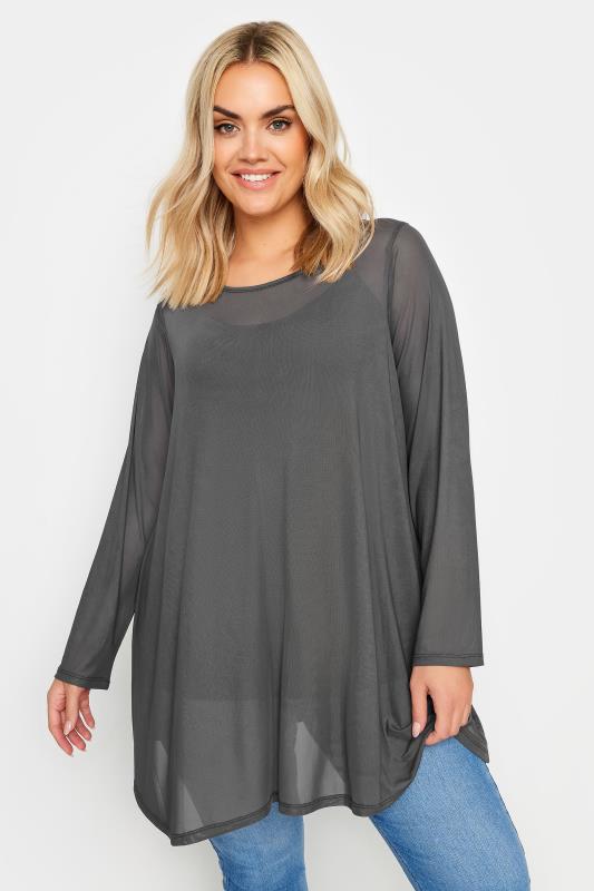 YOURS Plus Size Grey Mesh Swing Top | Yours Clothing 1