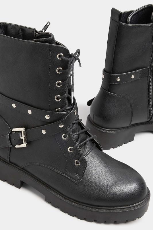 Black Studded Strap Lace Up Chunky Boots In Wide E Fit & Extra Wide EEE Fit 5
