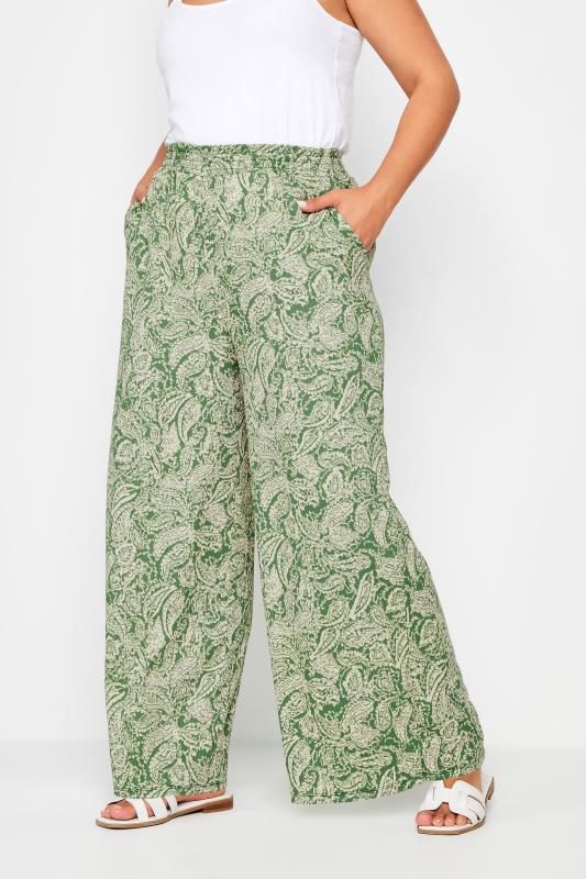 YOURS Plus Size Green Paisley Print Textured Trousers | Yours Clothing 1