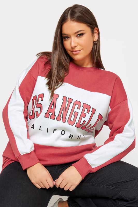 YOURS Curve Red 'Los Angeles' Slogan Varsity Sweatshirt | Yours Clothing 1