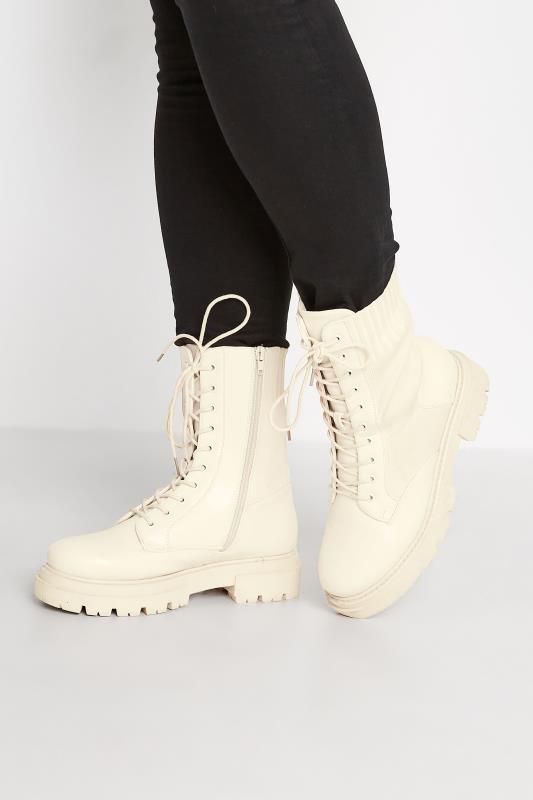 LIMITED COLLECTION Cream Sock Lace Up Boots In Wide E Fit & Extra Wide EEE Fit | Yours Clothing 1