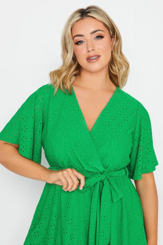 YOURS Curve Plus Size Green V-Neck Broderie Anglaise Wrap Top | Yours Clothing  4