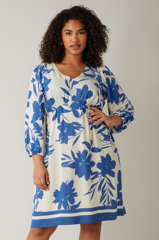 EVANS Plus Size Blue & White Floral Print Midi Dress | Evans 1