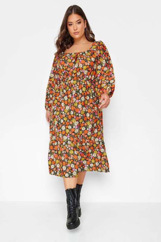 Plus Size Black & Orange Floral Print Balloon Sleeve Midaxi Dress | Yours Clothing 2