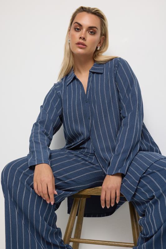 YOURS Plus Size Navy Blue Textured Pinstripe Shirt | Yours Clothing 1