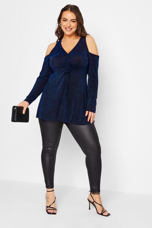 LIMITED COLLECTION Plus Size Black & Blue Glitter Cold Shoulder Top | Yours Clothing 2