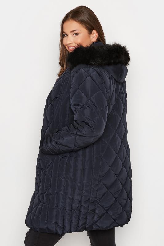Curve Navy Blue Diamond Quilted Midi Puffer Coat | Yours Clothing 4