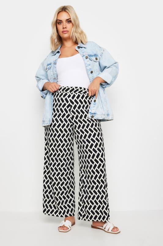 YOURS Plus Size Black Geometric Print Textured Wide Leg Trousers | Yours Clothing 2