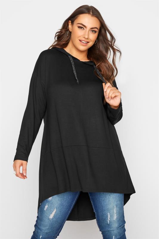  Grande Taille Curve Black Tunic Hoodie