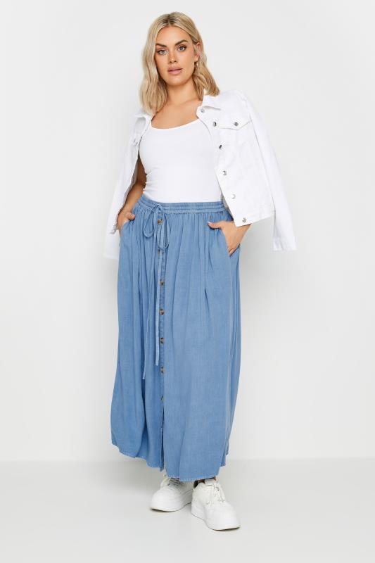 YOURS Plus Size Blue Chambray Button Front Maxi Skirt | Yours Clothing 2