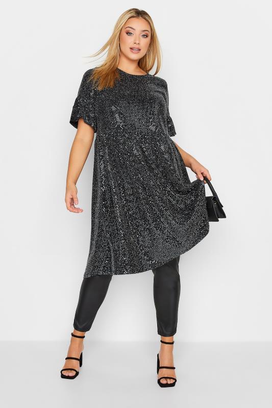 Plus Size Black & Silver Sequin Smock Dress | Yours Clothing 5