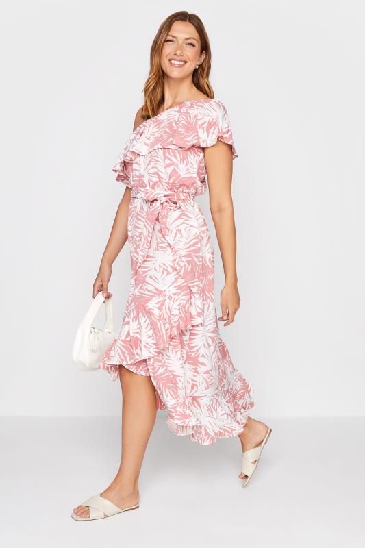 LTS Tall Pink Leaf Print One Shoulder Frill Dress 2