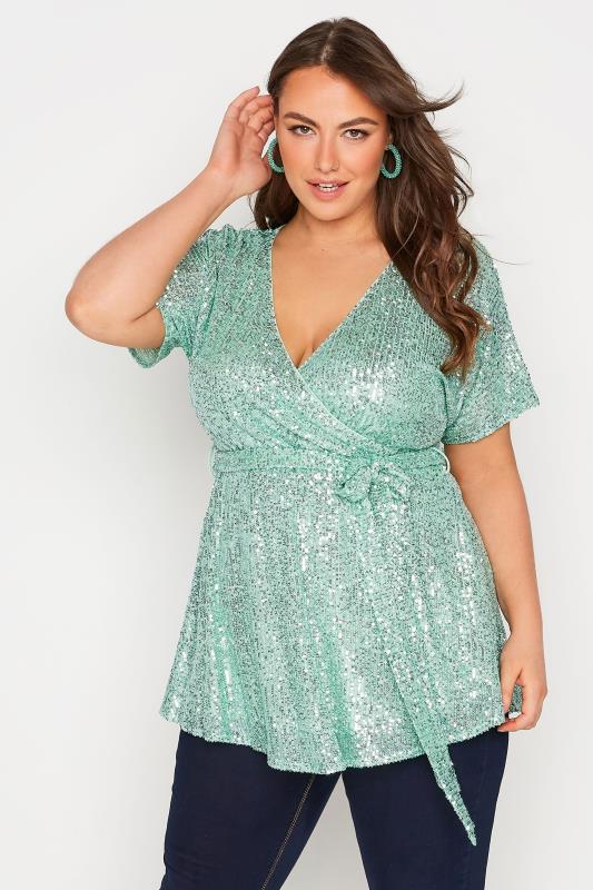 YOURS LONDON Curve Green Sequin Embellished Wrap Top 1