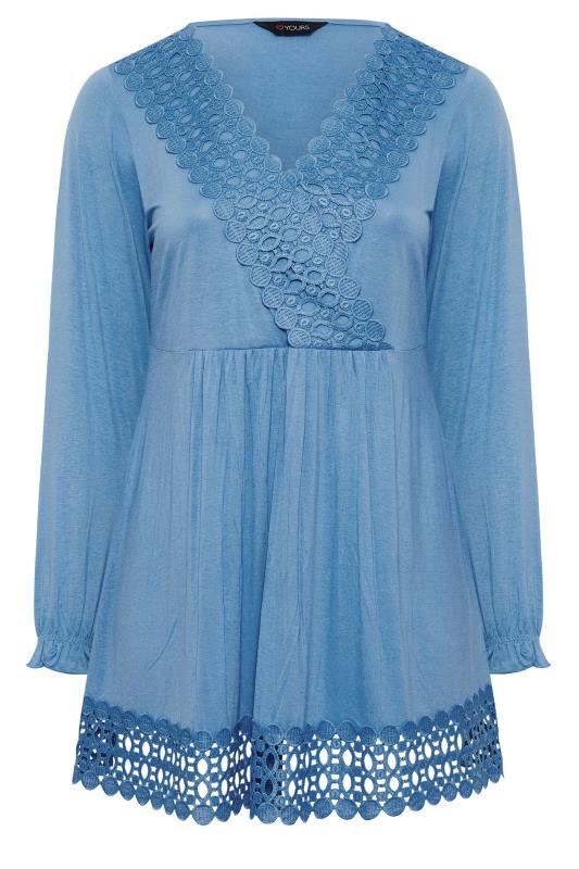 YOURS Plus Size Curve Blue Crochet Long Sleeve Tunic Top | Yours Clothing 2