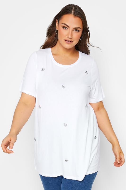 YOURS Plus Size White Diamante Embellished T-Shirt | Yours Clothing 1