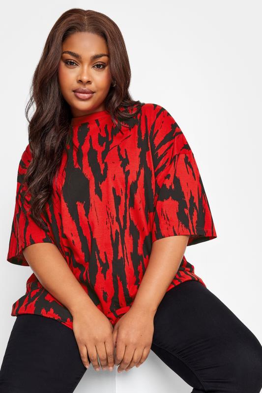 YOURS Curve Plus Size Red Abstract Print T-Shirt | Yours Clothing  2