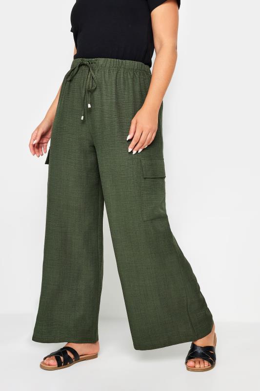 YOURS Plus Size Khaki Green Linen Look Cargo Trousers | Yours Clothing 1