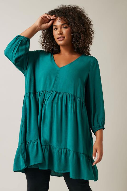 Plus Size  Evans Jade Green Tiered Frill Hem Tunic Top