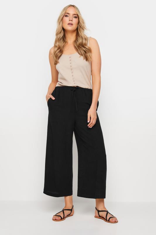  LTS Tall Black Linen Tie Waist Cropped Trousers