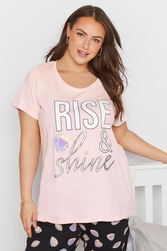 Plus Size Pink 'Rise & Shine' Cuffed Cotton Pyjama Set | Yours Clothing 3