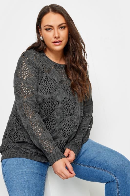  Grande Taille YOURS Curve Grey Pointelle Stitch Jumper
